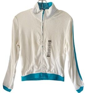 Steve and Barrys White Blue Terry Cloth Lounge Zip Up Jacket Womens Size Medium